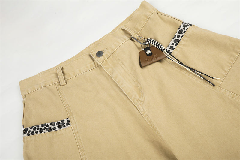 Wide-Leg Baggy Pants with Curved Hem, Leopard Trim & Carabiner Detail