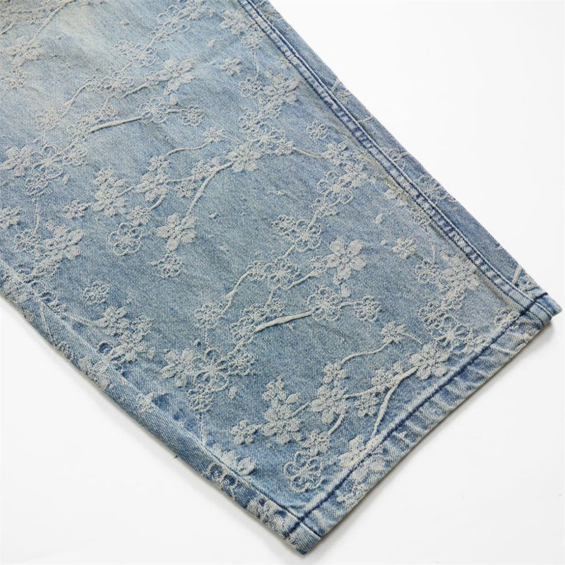 Loose Fit Wide-Leg Jeans – Floral Lace Embroidery, Washed Light Blue Denim