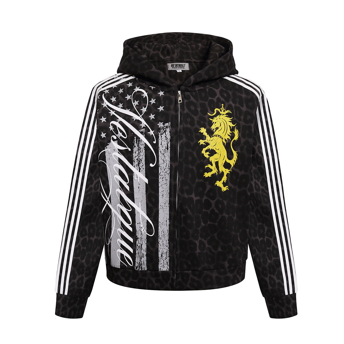 Sweat à capuche zippé imprimé léopard, écusson lion doré et motif drapeau américain, coloris noir, vue de face