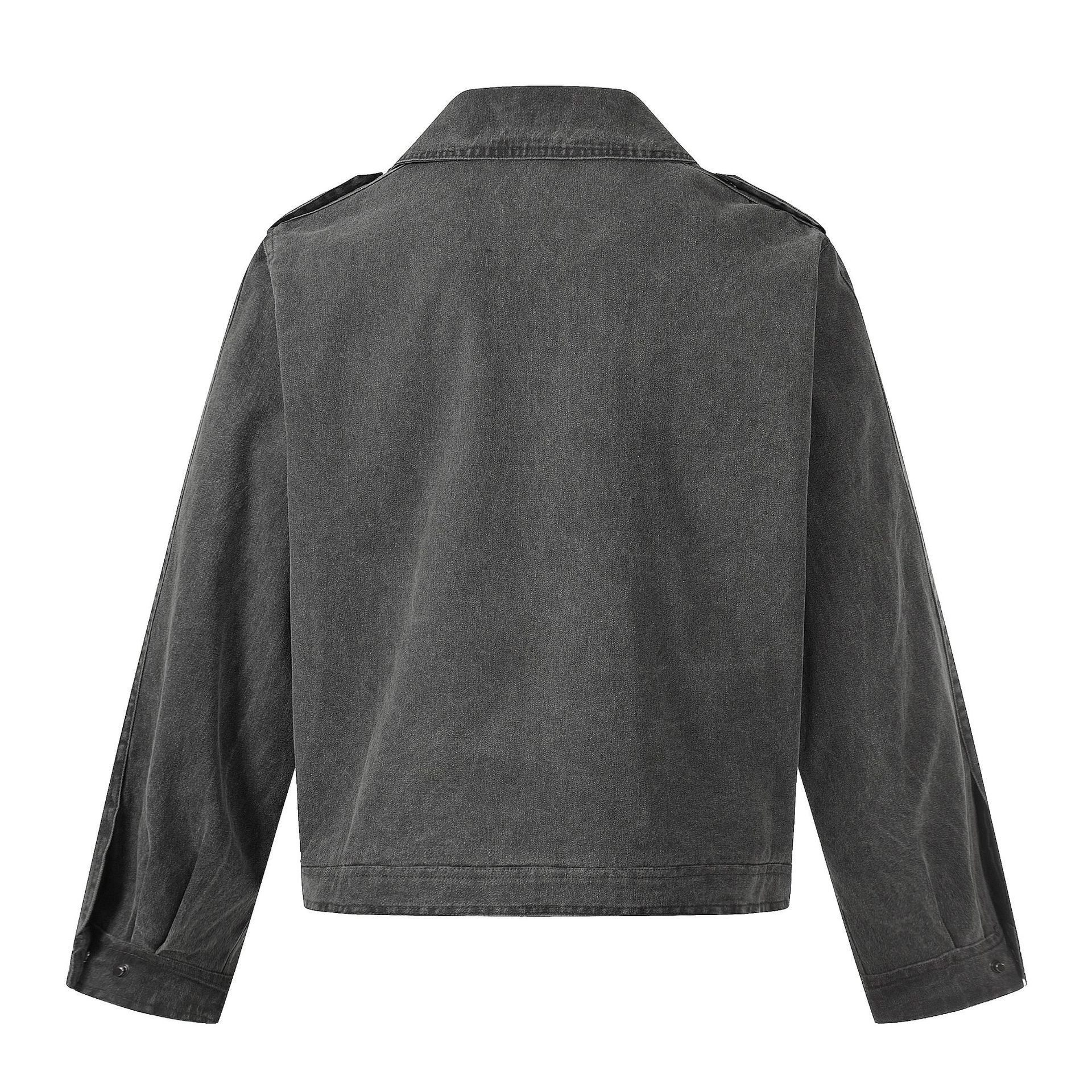 Veste biker en denim délavé avec écusson croix et rivets – Gris anthracite