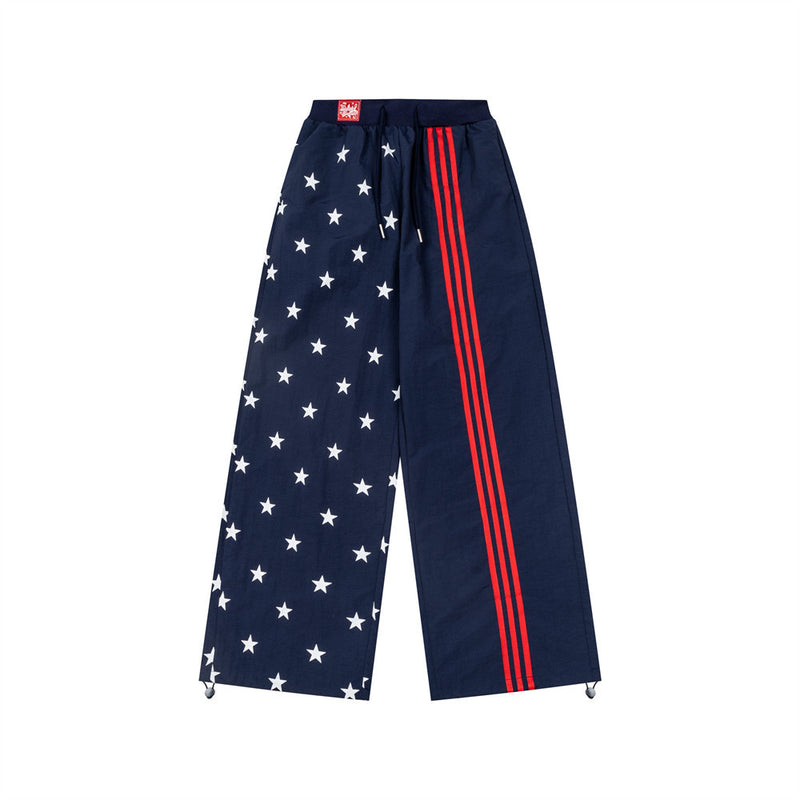Wide-Leg Track Pants with Star Print and Triple Side Stripe
