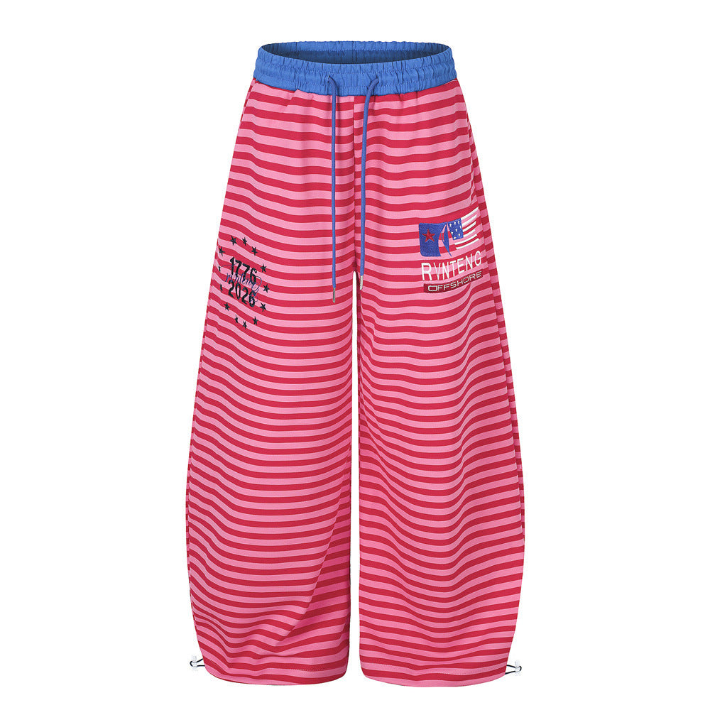 Men's Striped Wide-Leg Sweatpants with Star & Letter Embroidery – American