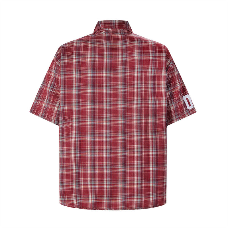 Plaid Short-Sleeve Shirt with Pegasus Embroidery & Studded Lettering