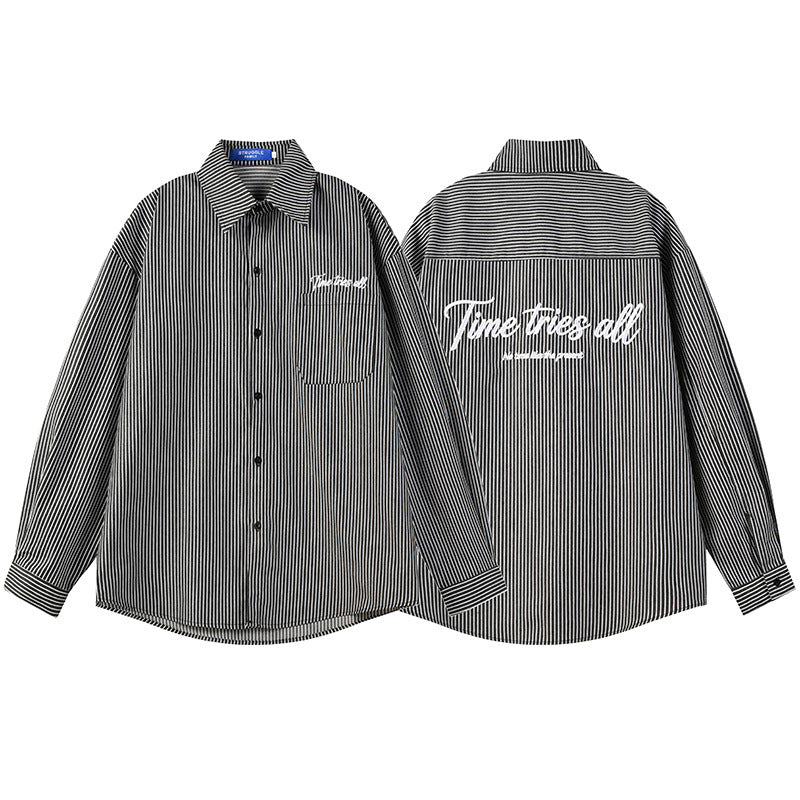Men's Vertical Stripe Oversized Long-Sleeve Shirt with Embroidered Script