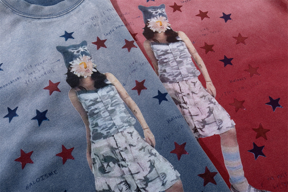 Men's Oversized Graphic Tee – Star Print Washed Short Sleeve T-Shirt