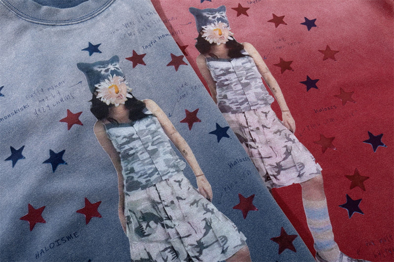 Men's Oversized Graphic Tee – Star Print Washed Short Sleeve T-Shirt