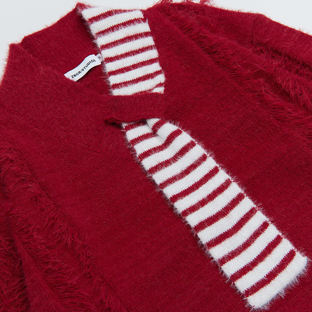 V-Neck Oversized Knit Sweater with Striped Scarf Detail