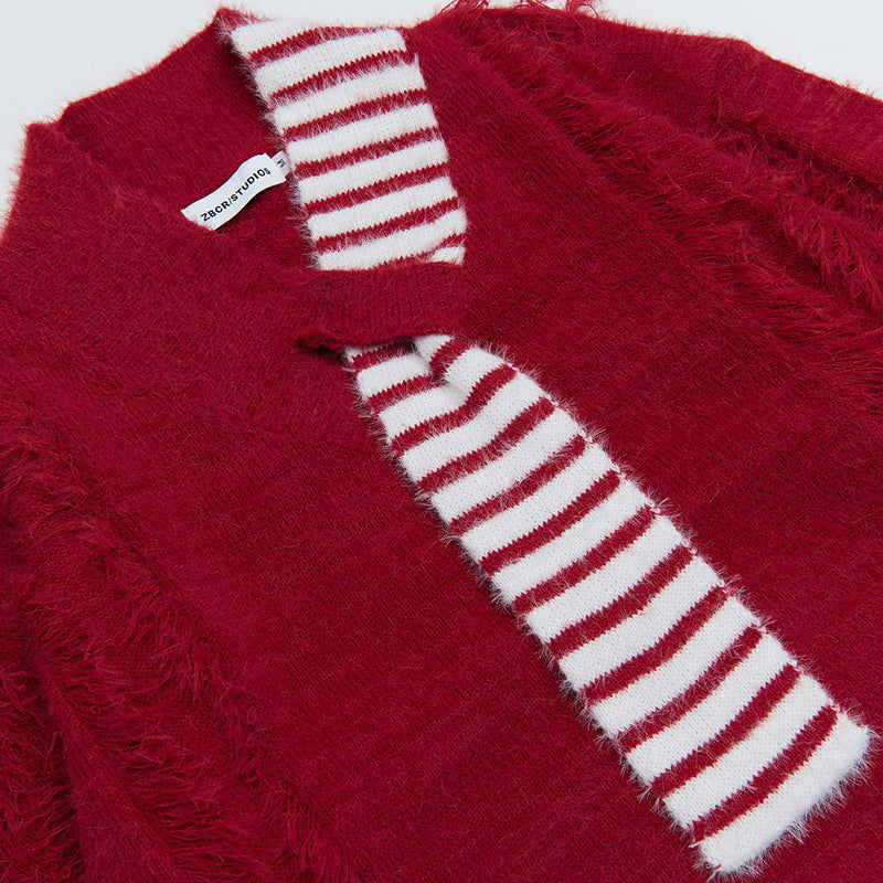 V-Neck Oversized Knit Sweater with Striped Scarf Detail
