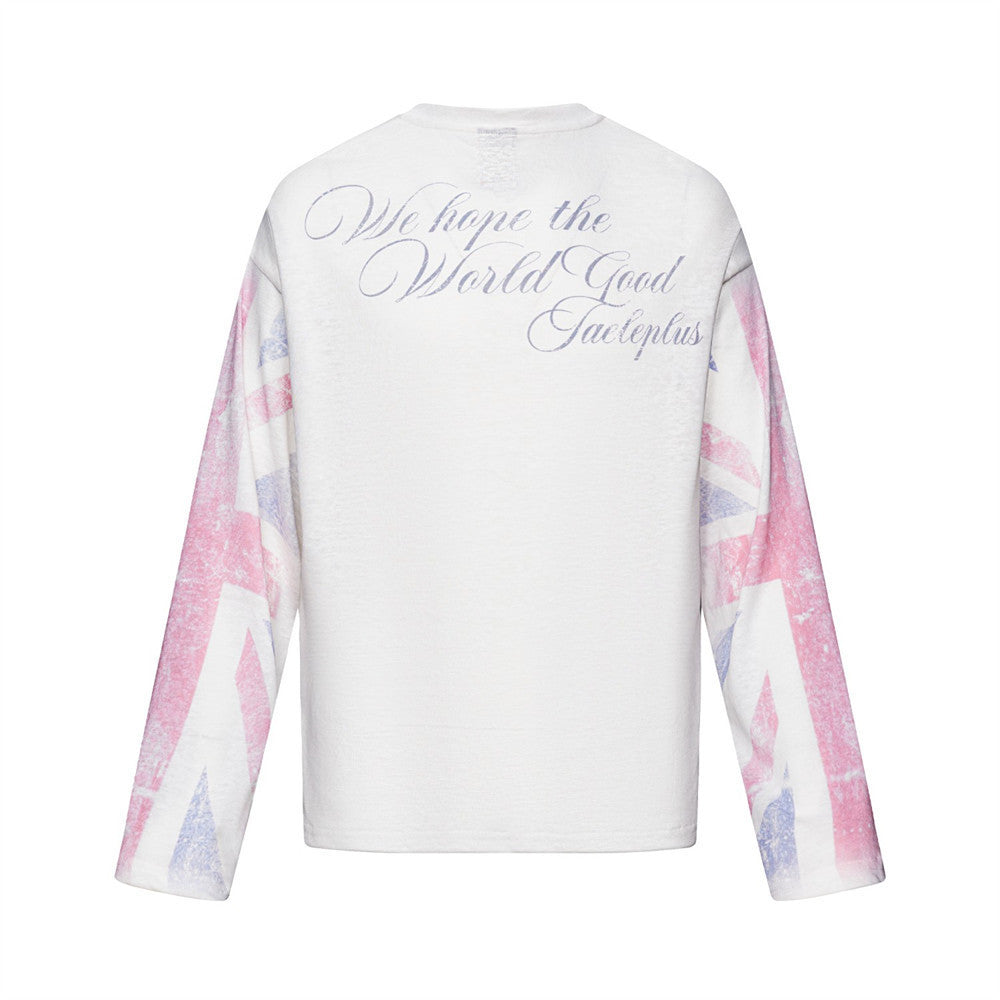 T-shirt Henley à manches longues avec imprimé Union Jack sur les manches, coupe oversize blanche