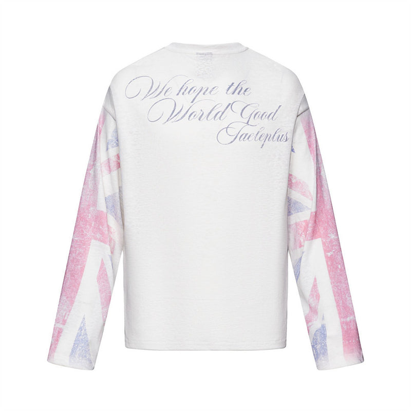 T-shirt Henley à manches longues avec imprimé Union Jack sur les manches, coupe oversize blanche