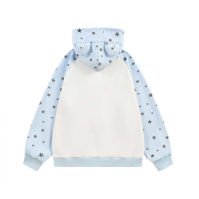 Hoodie with Cool Designs – Star Print Cartoon Cat Zip-Up Hoodie with Ear Hood