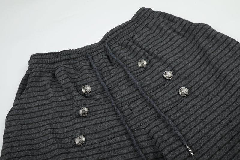 Wide-Leg Striped Sweatpants with Double-Button Detail & Drawstring Waist