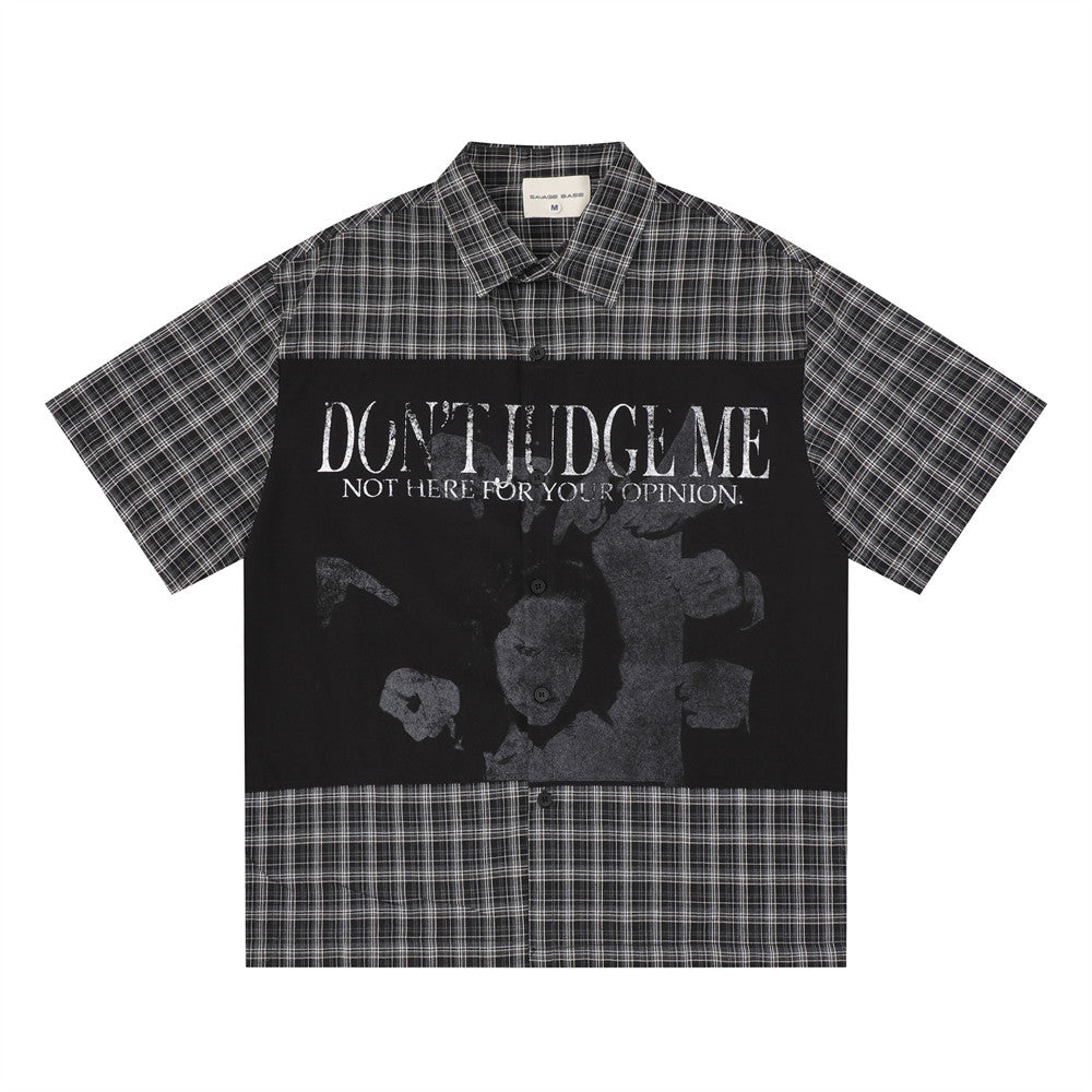 Don't Judge Me Graphic Patchwork Plaid Short Sleeve Shirt