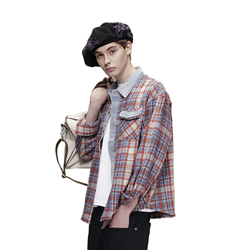 Men's Red Plaid Shirt Oversized Denim-Splice Faux Two-Piece Button-Down