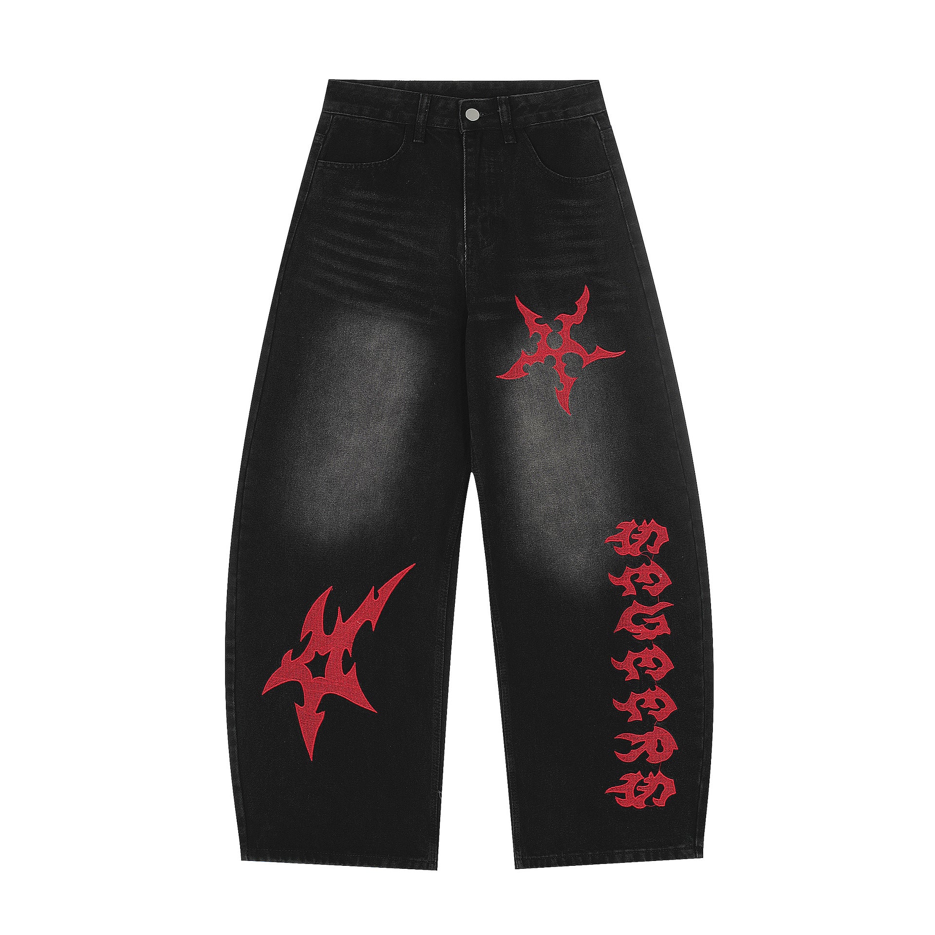 Jean délavé foncé baggy à jambes larges avec broderie gothique rouge