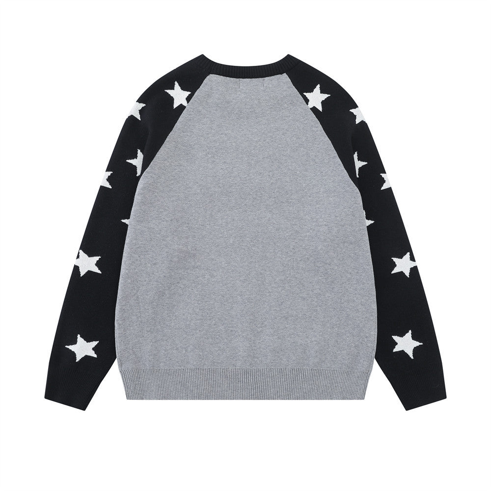 Long Sleeve Sweater Men Star Colorblock Raglan Crew Neck Knit Pullover