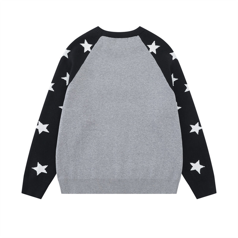 Long Sleeve Sweater Men Star Colorblock Raglan Crew Neck Knit Pullover