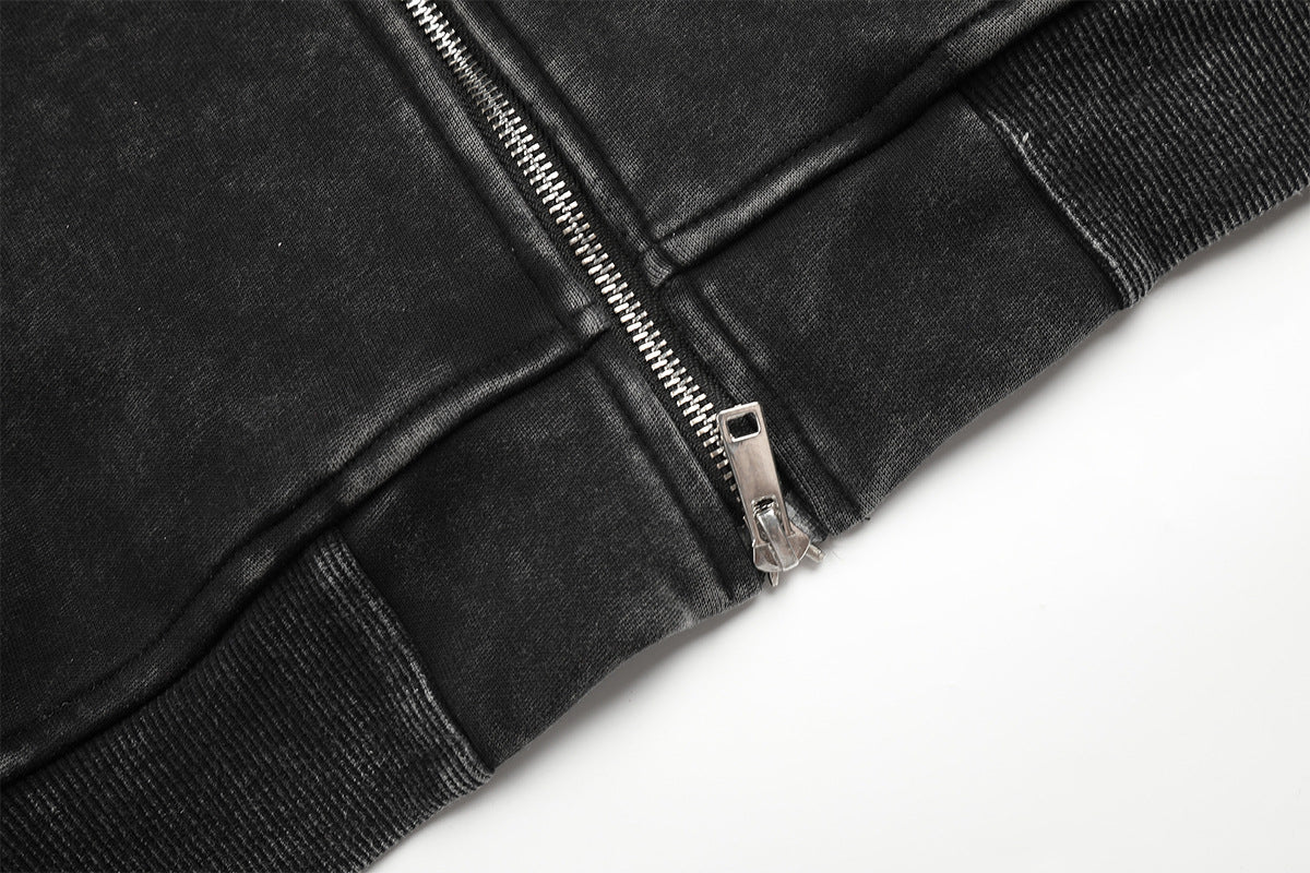 Zip-Up Grey Hoodie Washed Punk Star Graphic Zip Hoodie with Rivet Details