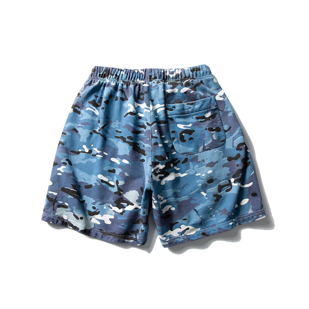 Men's Blue Camo Drawstring Shorts—relaxed fit cotton camouflage shorts with elastic waistband and single back pocket, a stylish streetwear essential shown on a white background.