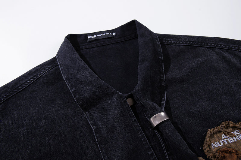 Patchwork Tie Denim Shirt – Vintage Streetwear Button-Up with Detachable Fabric