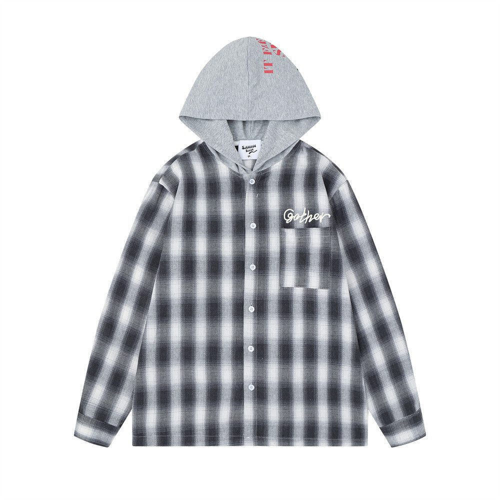 Plaid Hooded Shirt Men's Oversized Long Sleeve with Embroidered Graphic