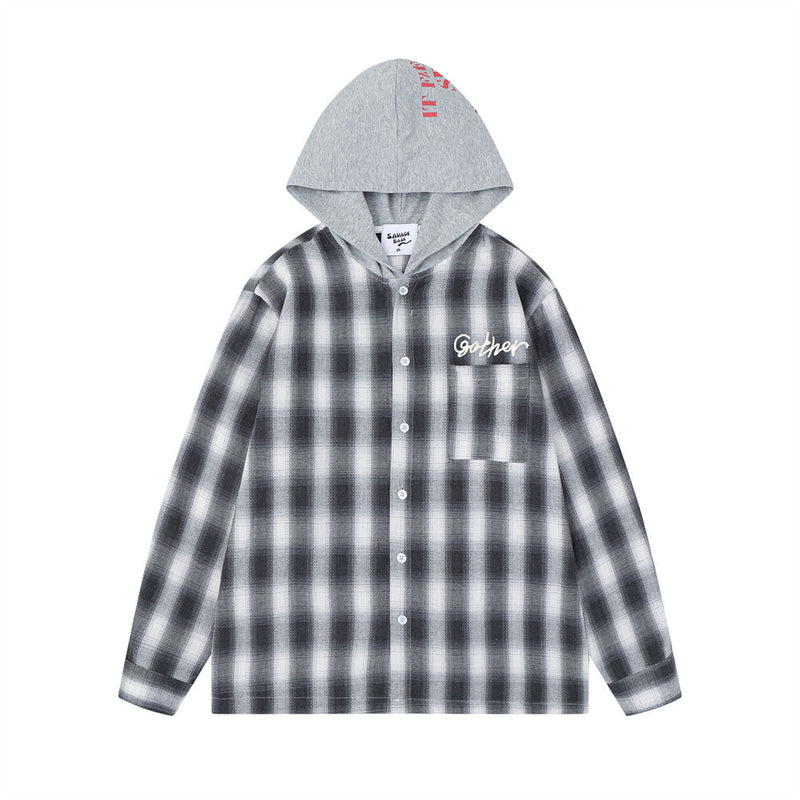 Plaid Hooded Shirt Men's Oversized Long Sleeve with Embroidered Graphic