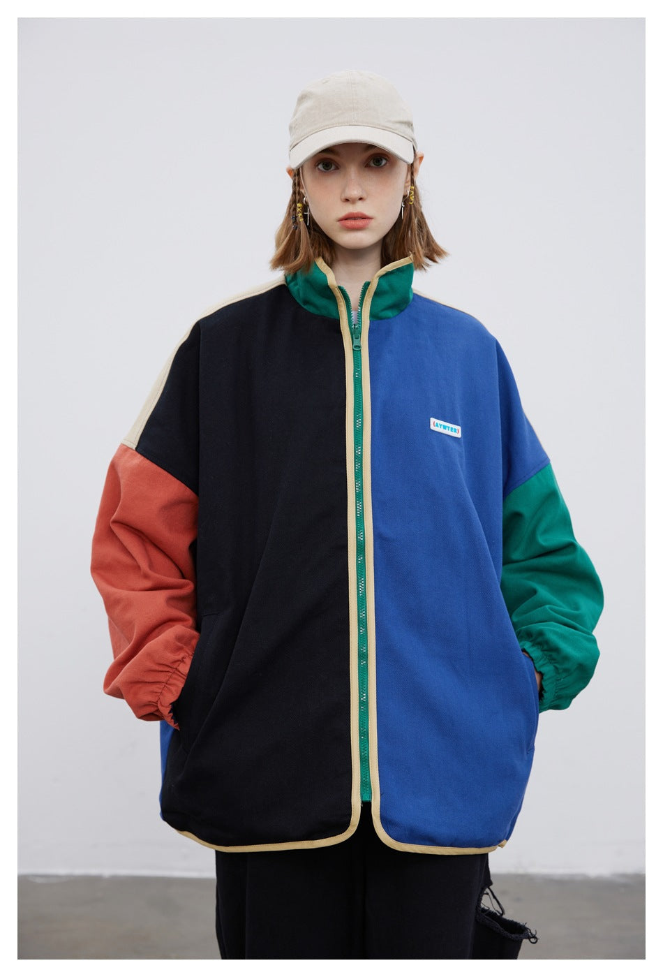 Colorblock Reversible Zip-Up Jacket — Stand Collar, Oversized Fit
