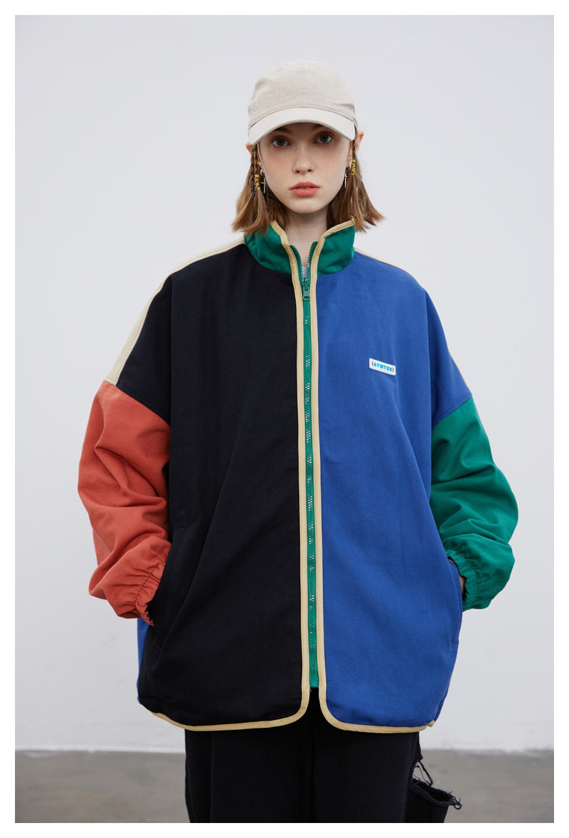 Colorblock Reversible Zip-Up Jacket — Stand Collar, Oversized Fit