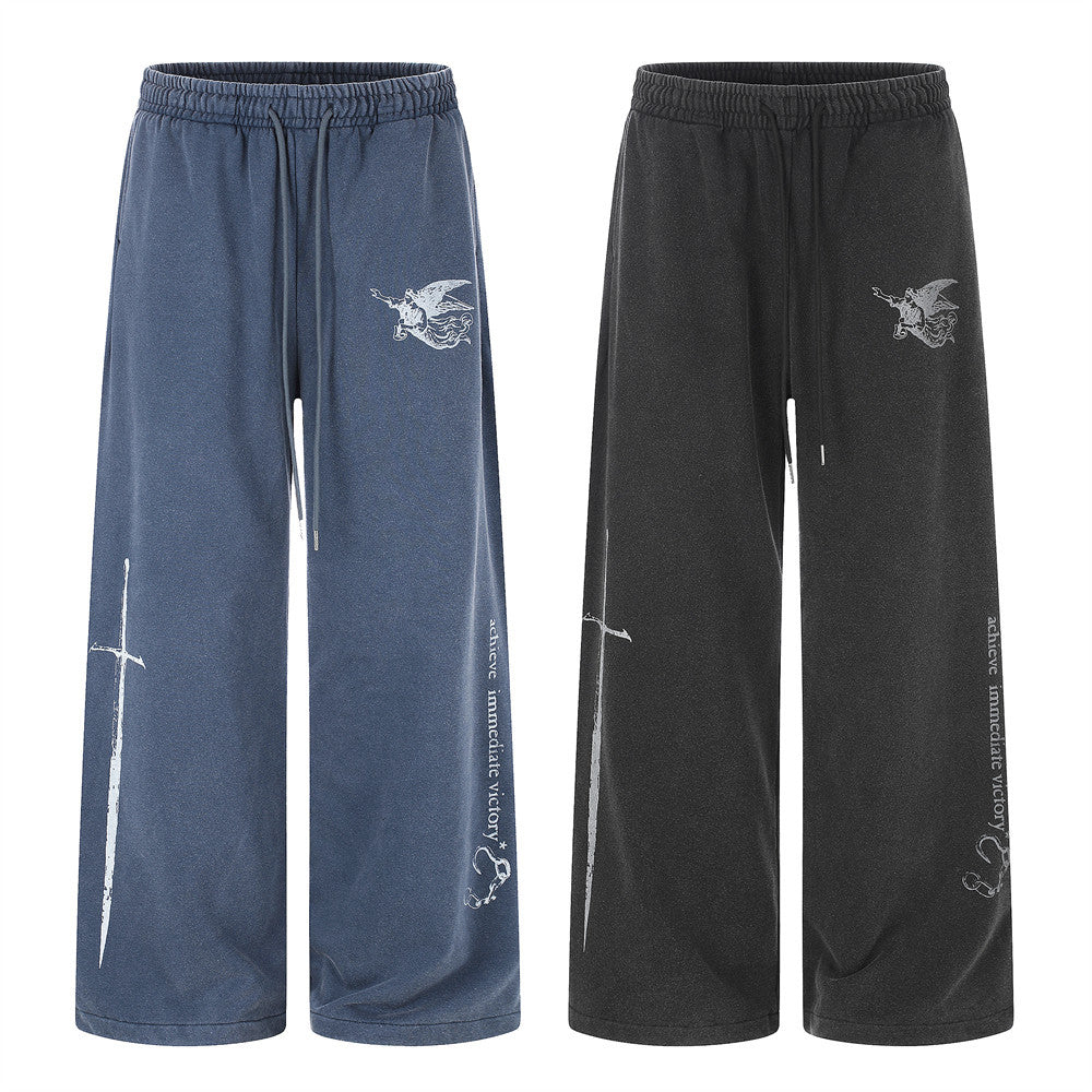Wide-Leg Sweatpants with Angel & Sword Graphic Print – Vintage Punk Style