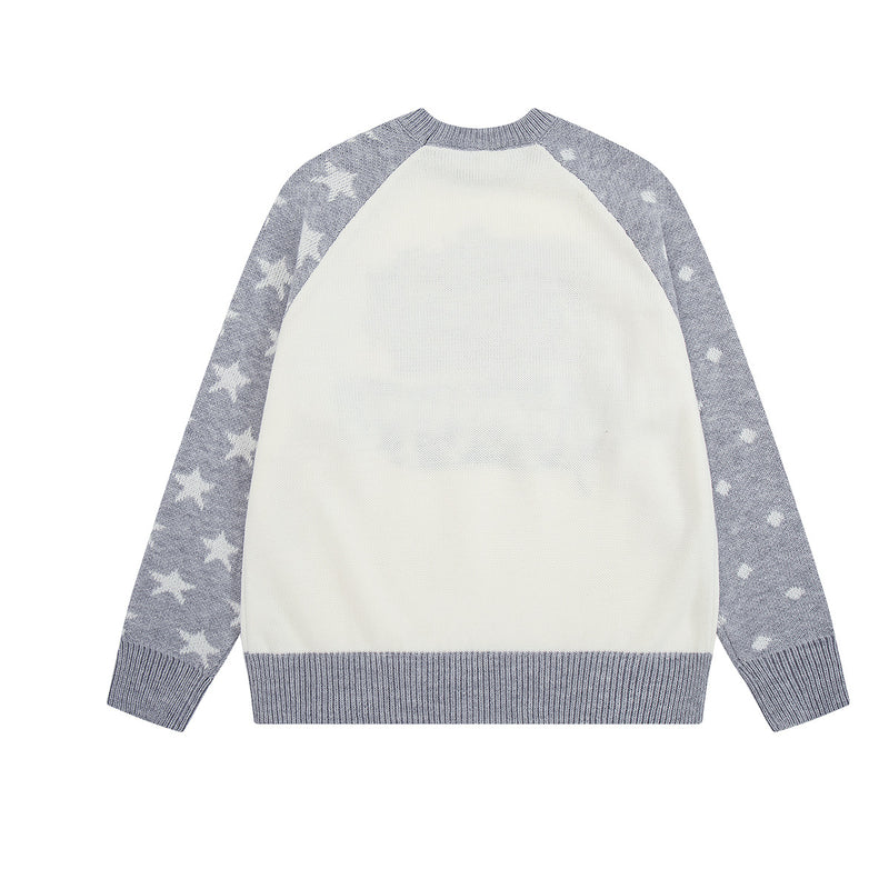 Pull marron à col rond – Maille color-block chats cartoon et étoiles
