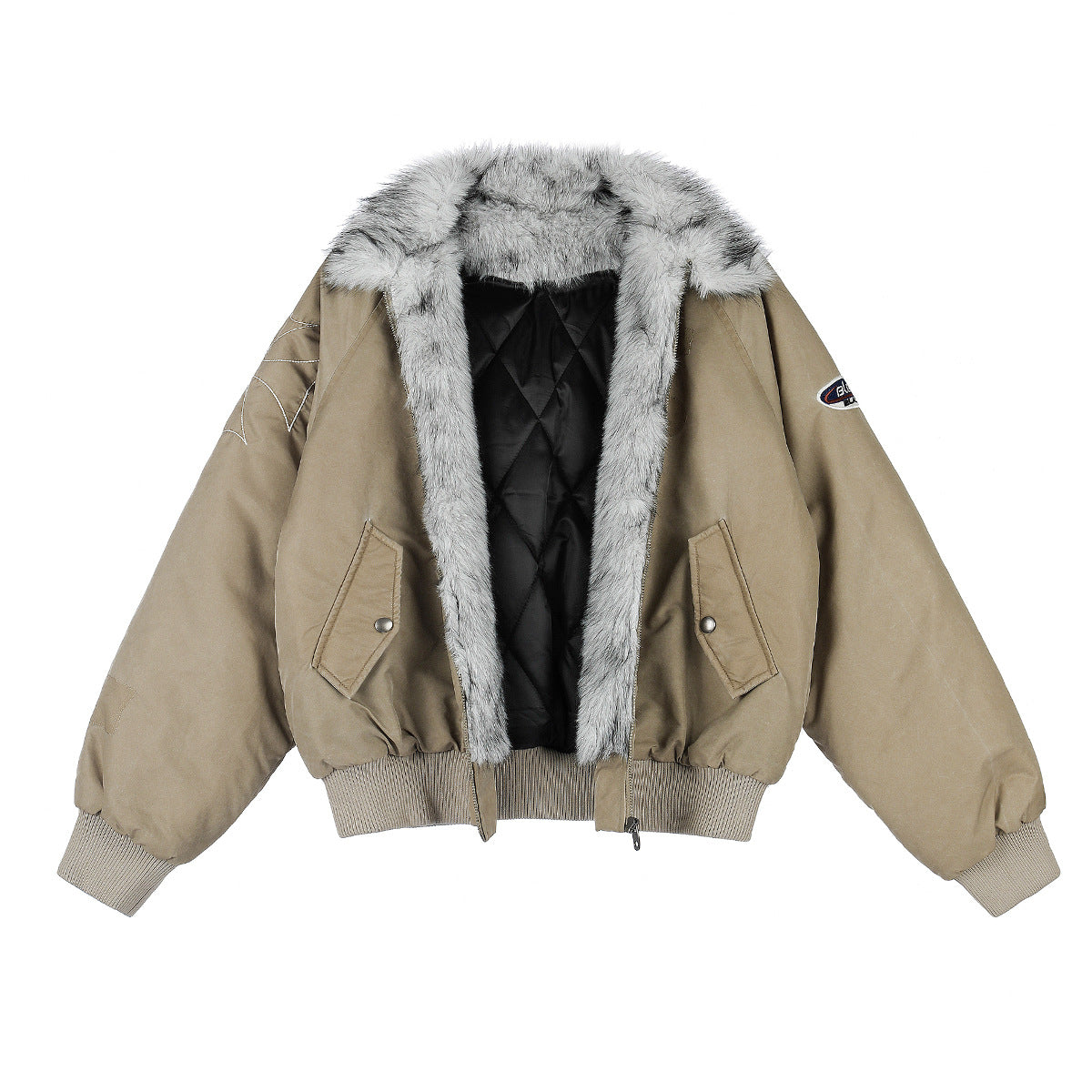 Men's oversized padded bomber jacket with grey faux fur collar in khaki and washed charcoal, front open view showing quilted