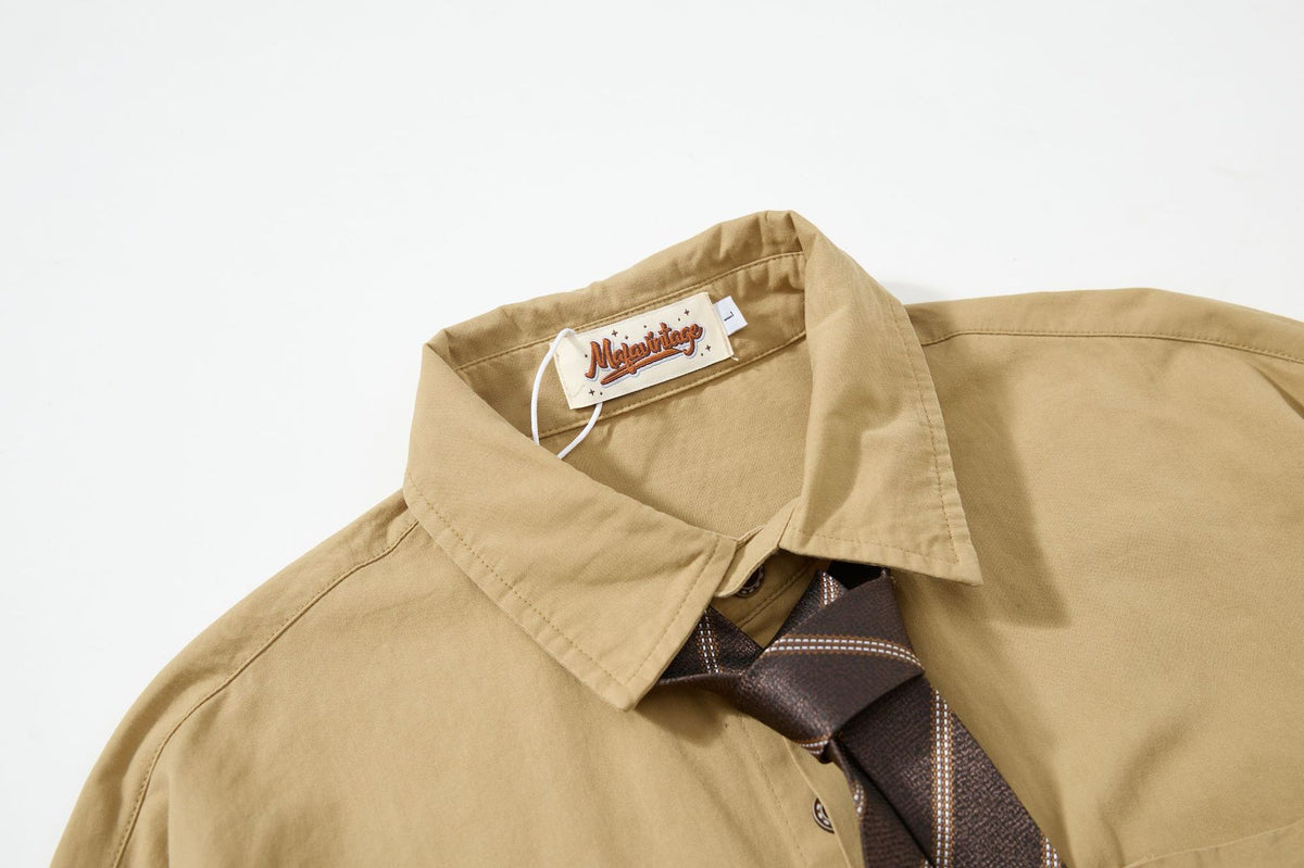 Tan Long Sleeve Shirt with Detachable Tie – Heart & Hook Embroidered Campus