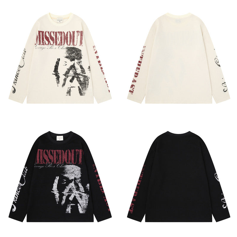 Oversized Waffel-Langarmshirt Savage Boss Club von Missedout mit Grafikprint in Schwarz und Off-White sowie Used-Porträtprint