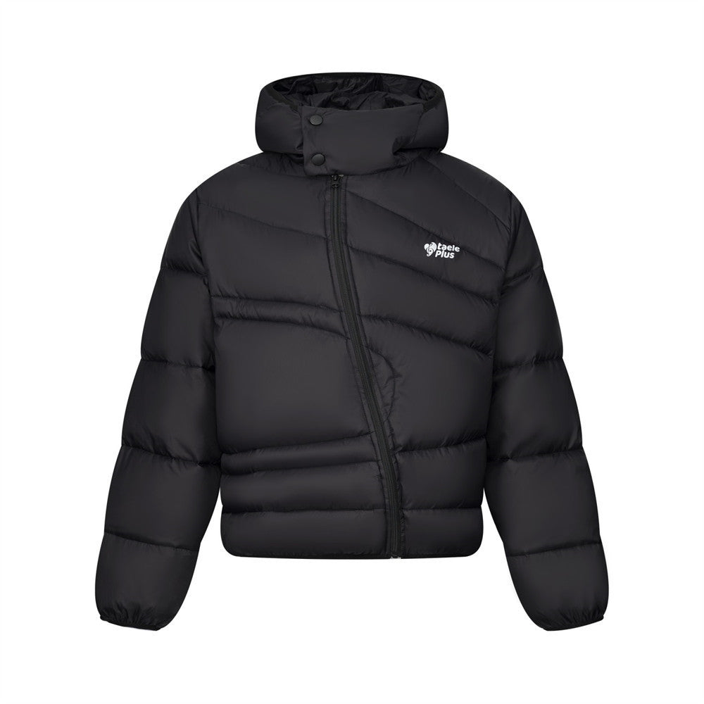 Diagonal Zip Hooded Puffer Jacket – Oversized Streetwear Down Coat