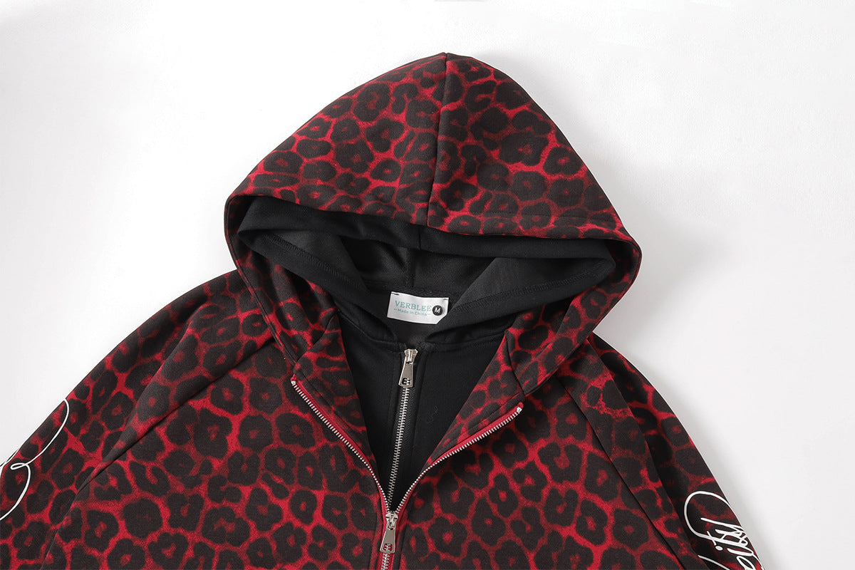 Veste hoodie zippée à motif léopard – Imprimé animal rouge et noir oversize avec