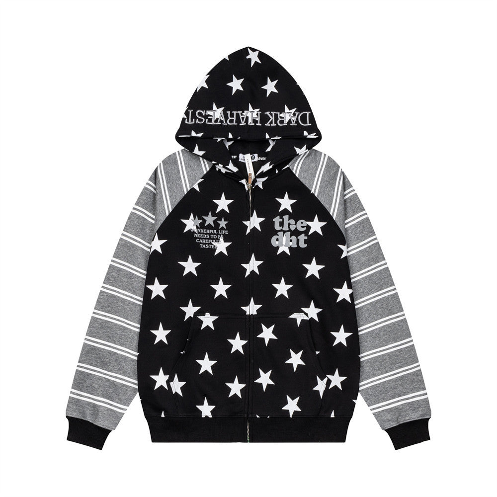 Star Print Zip-Up Hoodie with Striped Raglan Sleeves – Oversized Streetwear