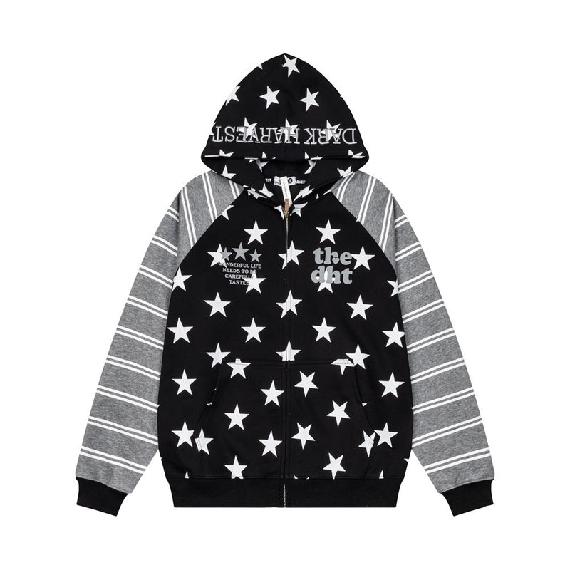 Star Print Zip-Up Hoodie with Striped Raglan Sleeves – Oversized Streetwear