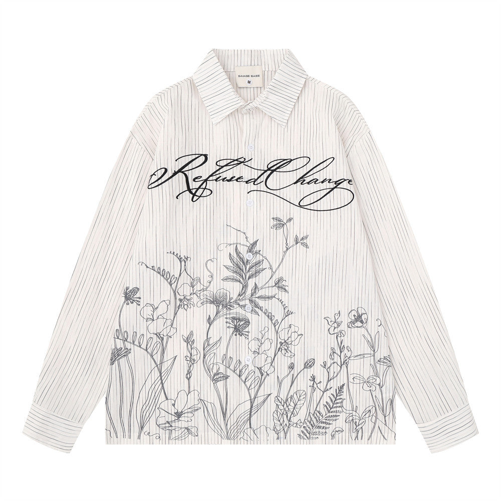 Striped Long Sleeve Shirt Men — Botanical Line Art Print, Relaxed Fit