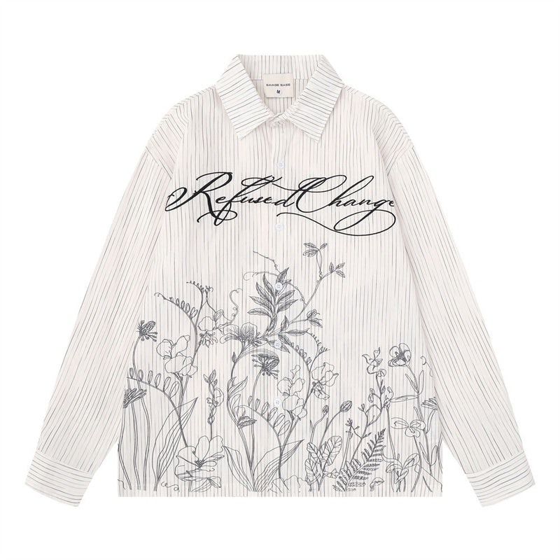 Striped Long Sleeve Shirt Men — Botanical Line Art Print, Relaxed Fit