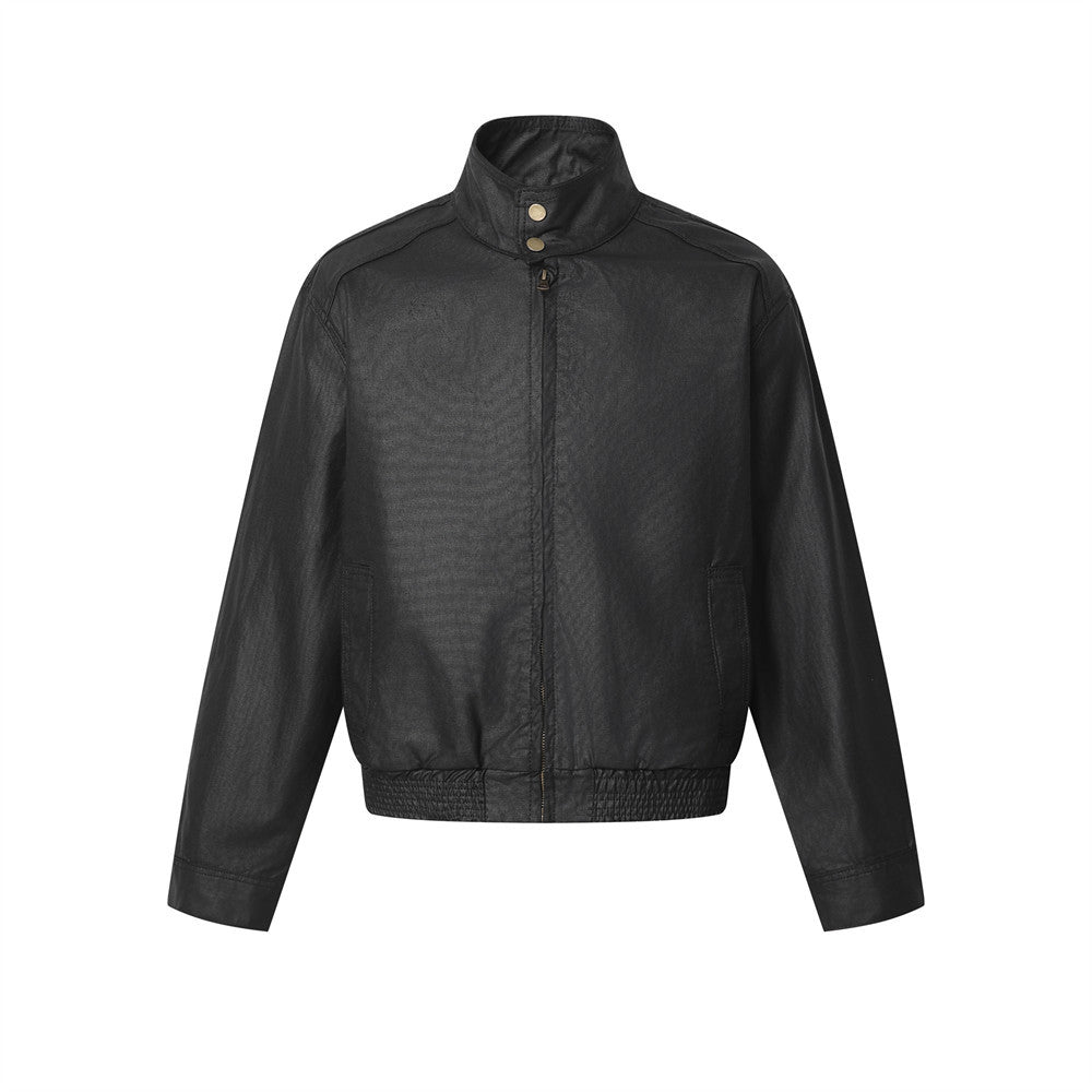 Blouson bomber homme noir à col montant – Harrington enduit coupe décontractée