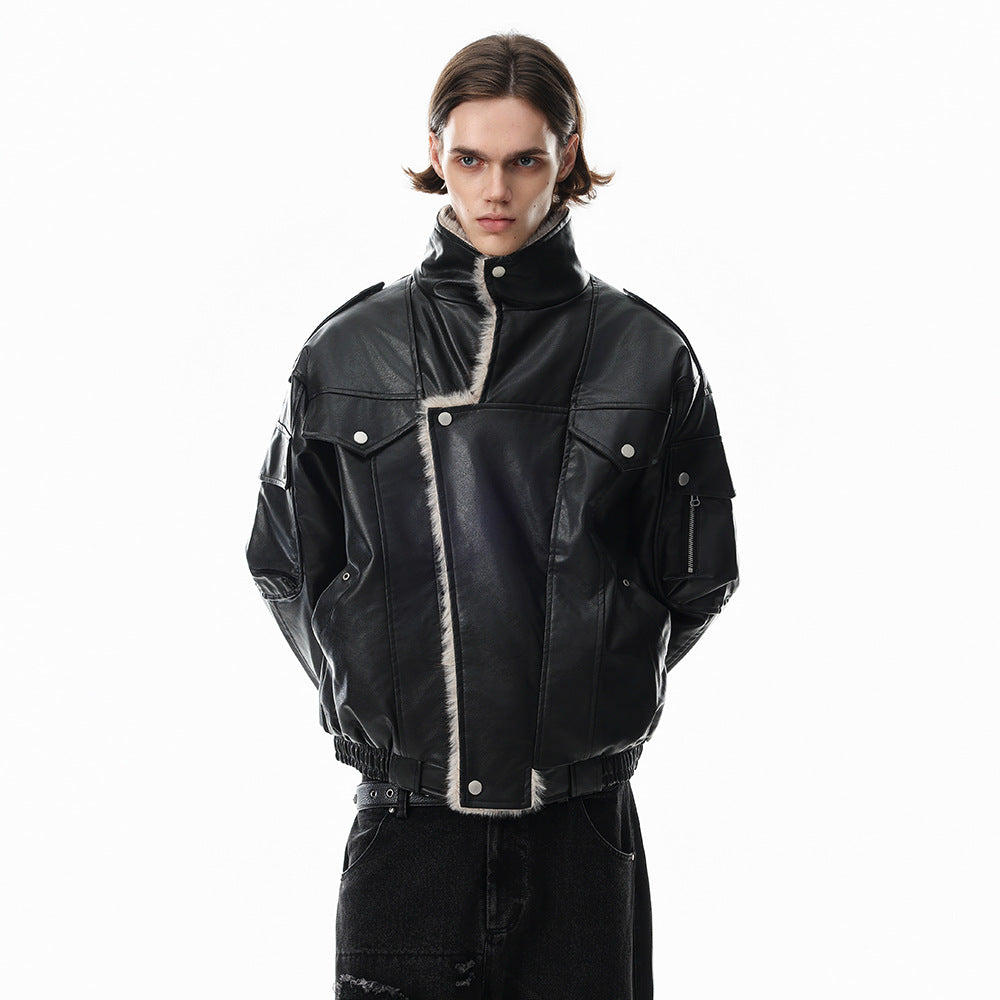 Men's Faux Leather Fur-Lined Bomber Jacket with High Collar & Asymmetric Placket