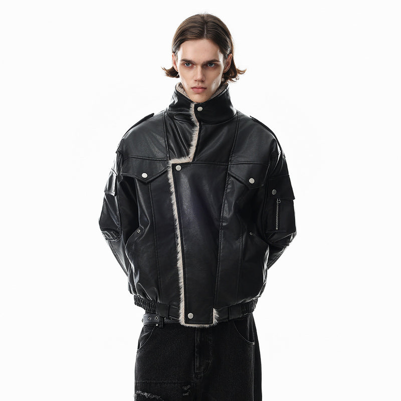 Men's Faux Leather Fur-Lined Bomber Jacket with High Collar & Asymmetric Placket