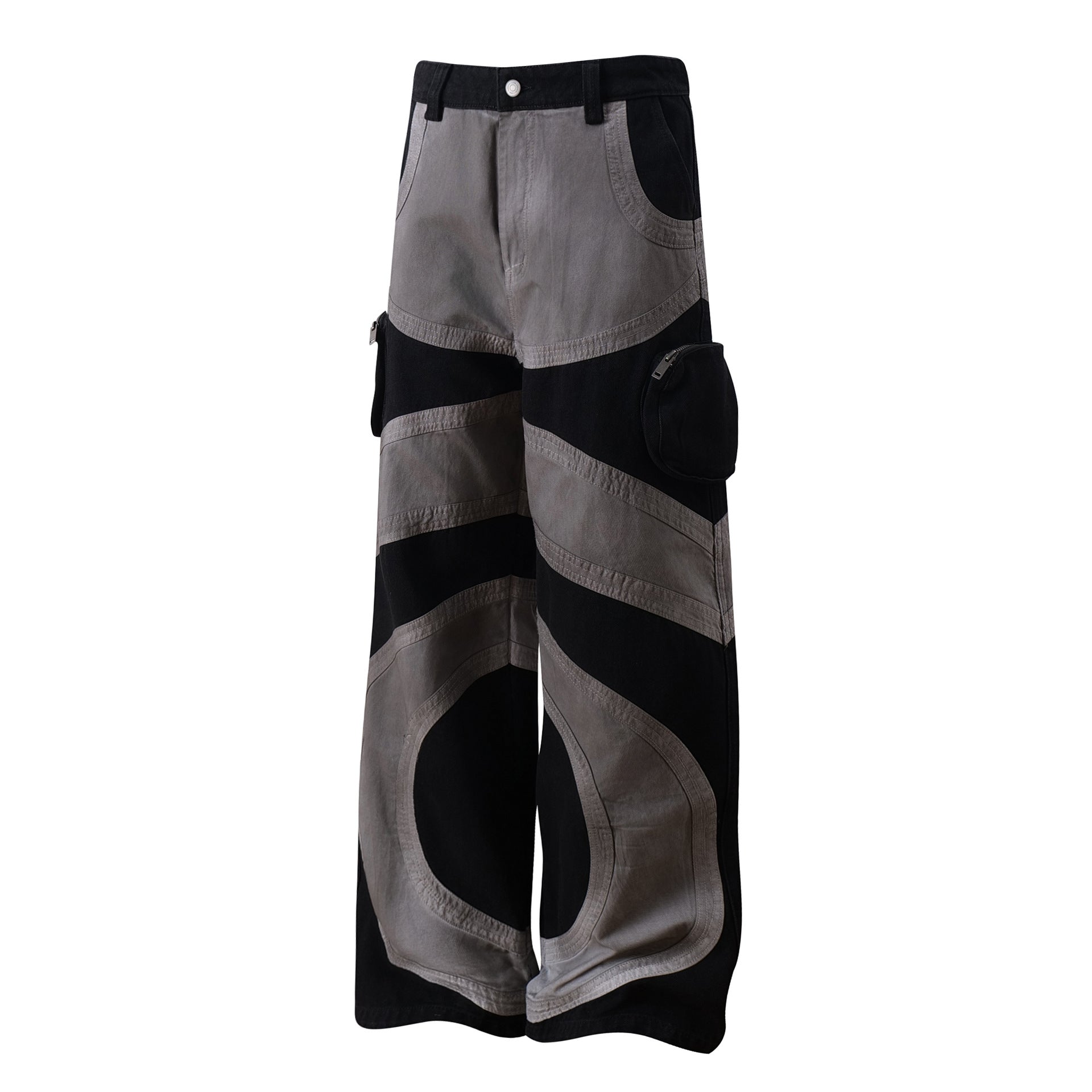 Baggy Cargo Pants Men's Black Grey Patchwork Wide-Leg Tactical Trousers