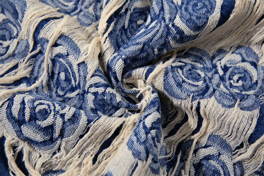 Rose Jacquard Distressed Wide-Leg Jeans – Blue Floral Fringe Denim