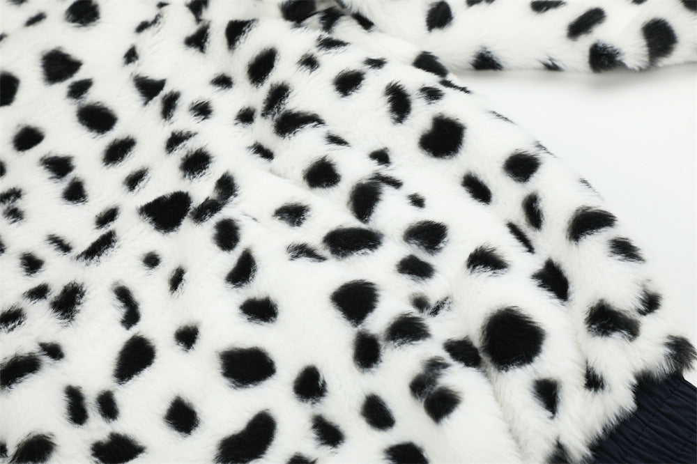 Reversible Stand-Collar Jacket Men's Dalmatian Faux Fur & Nylon Oversized Bomber