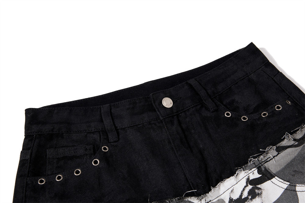 Men's Bell Bottom Pants – Colorblock Camo Punk Flare Trousers with Strap Detail