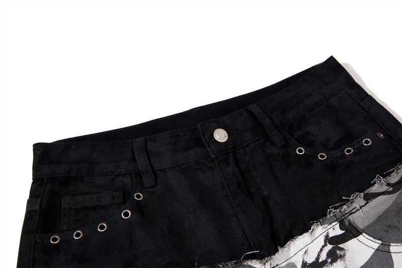 Men's Bell Bottom Pants – Colorblock Camo Punk Flare Trousers with Strap Detail