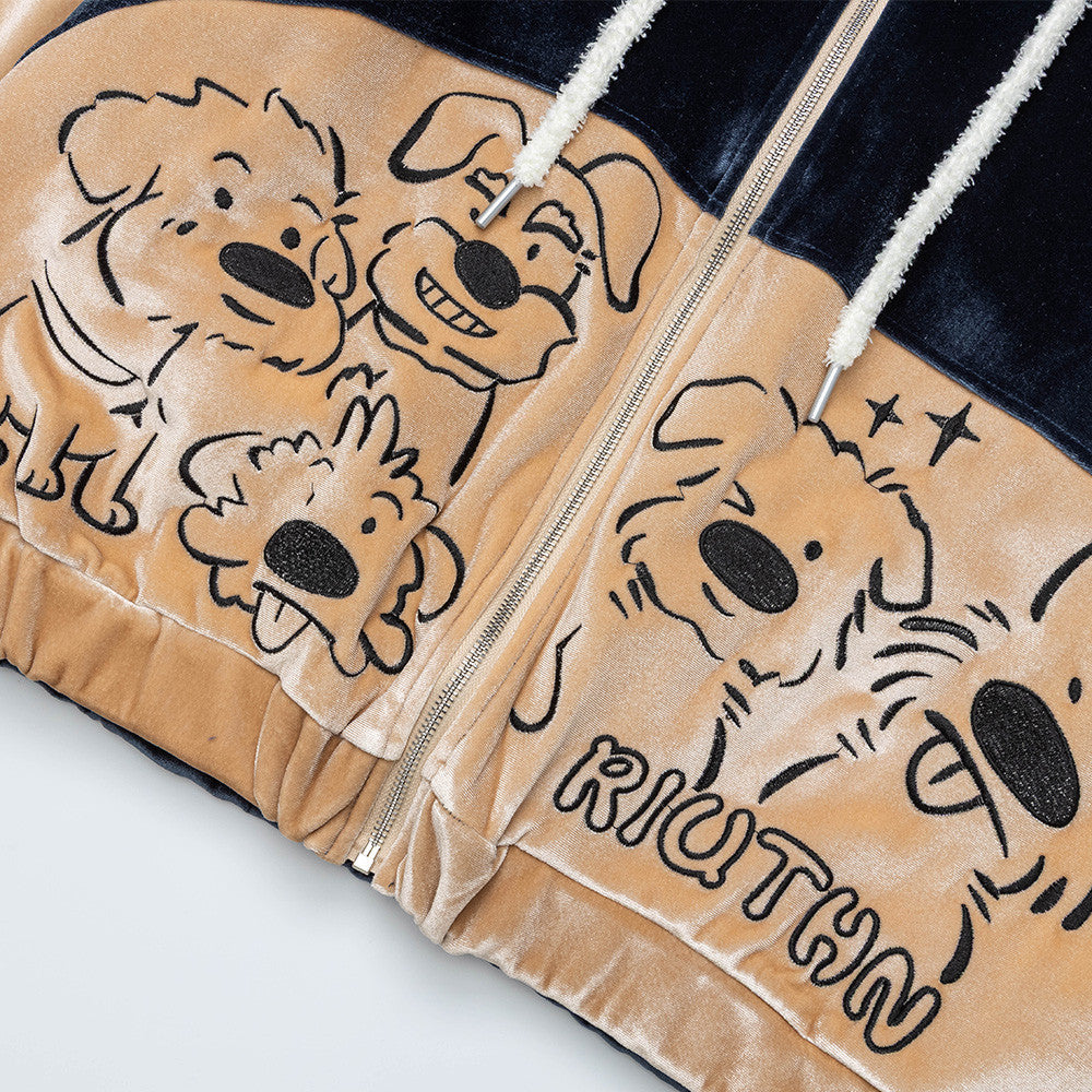 Sudadera de terciopelo con cremallera y estampado de perro de dibujos – Corte oversize color block