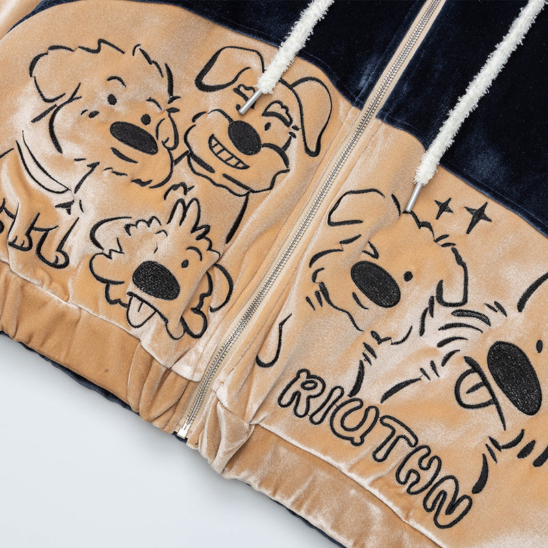 Sudadera de terciopelo con cremallera y estampado de perro de dibujos – Corte oversize color block