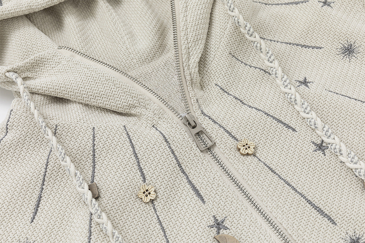 Celestial Moon & Star Embroidered Zip-Up Hoodie Jacket with Hanging Charms